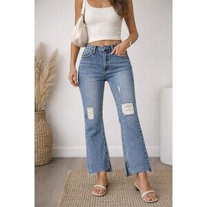 Avec Les Filles Distressed Straight Leg Jeans Women 28 Raw Hem Ankle Slit Denim
